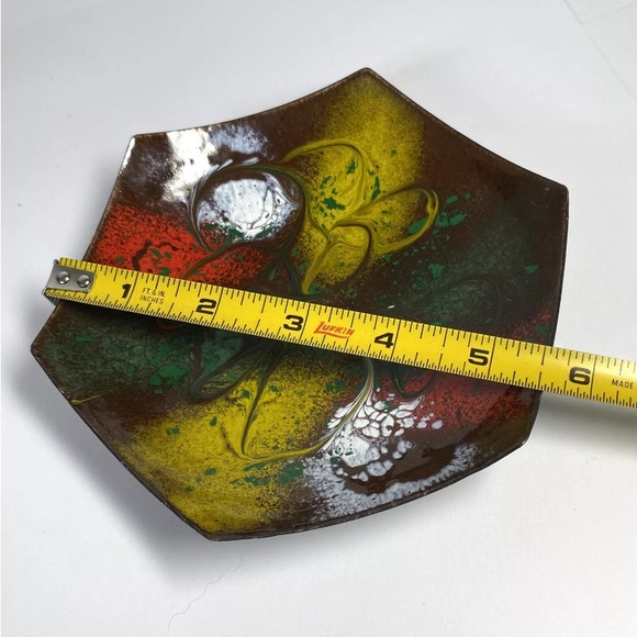 Vintage ENAMELED Copper Art BOWL 5.5” Footed MCM Green Yellow Red Abstract Swirl - Picture 7 of 7